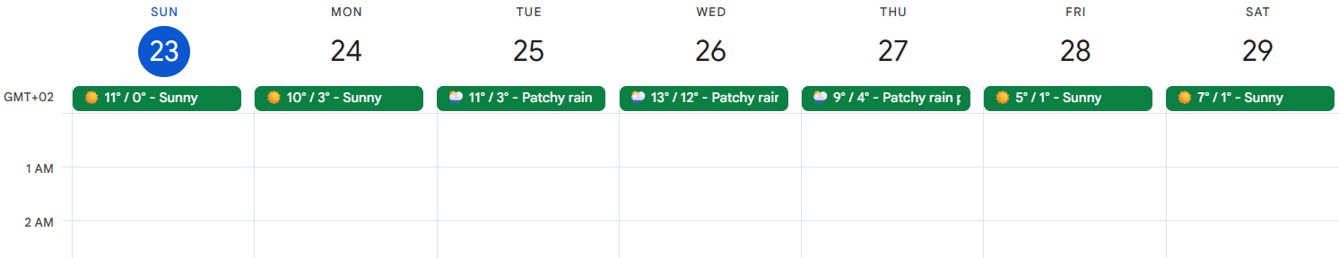 Weather calendar preview showing 7-day weather forecast integrated into calendar application with daily temperature and conditions